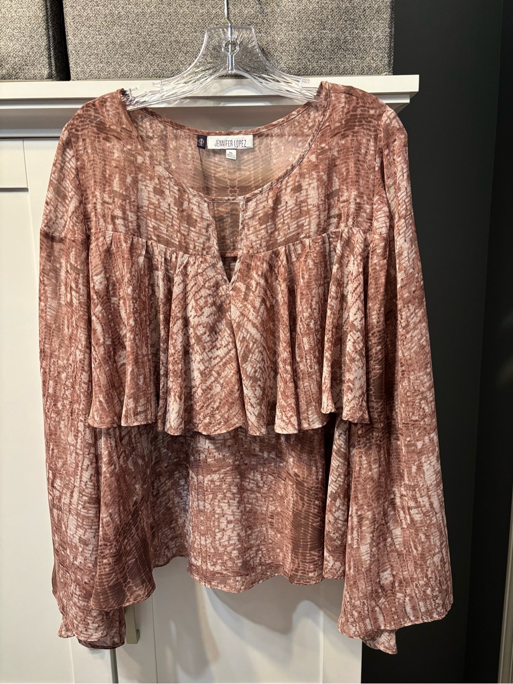 Jennifer Lopez Mauve Pink Printed Ruffle Blouse Sheer Long Sleeve Top SZ M NWOT